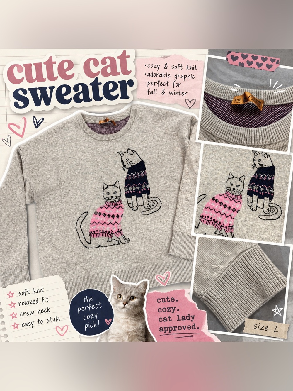 Belldini Light Gray Sweater with Pink & Navy Cat Graphics Size L